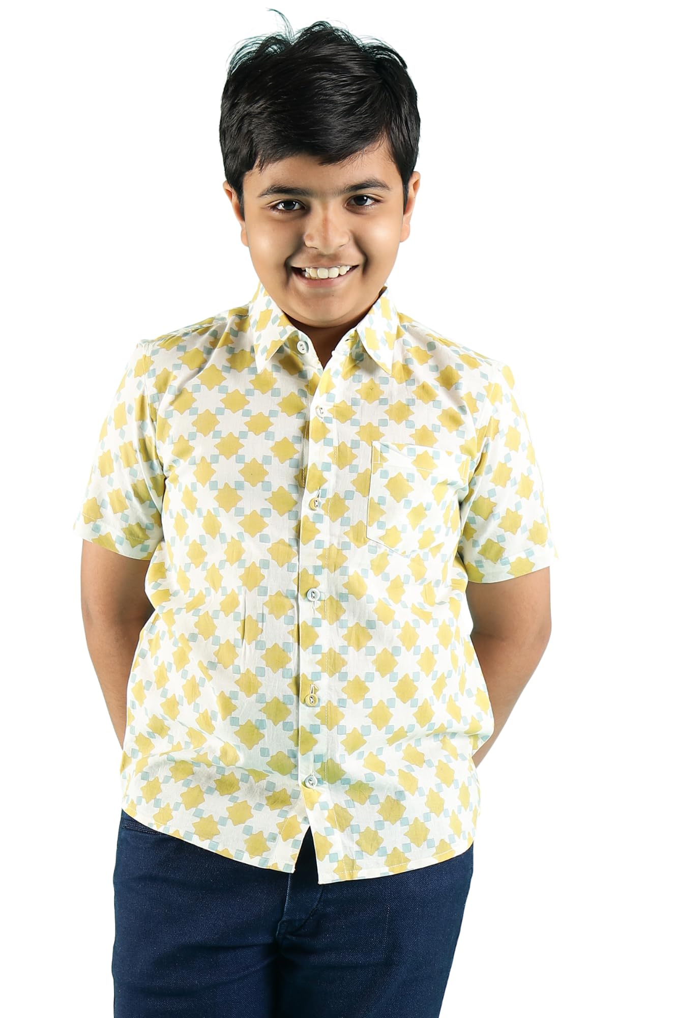 Studiotada Lemon Mist Cotton Half Sleeve Shirt, Hand Block Printed, Regular Fit, Casual Style, Summer Wear, Model ST-19, Tropical Adventures Theme-image-16