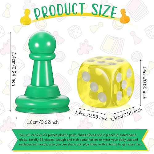 Miniatura 2 de 26 piezas de juego de mesa multicolor y dados que incluyen 24 piezas de ajedrez de plástico multicolor y 2 dados de plástico de 6 caras, juego de
