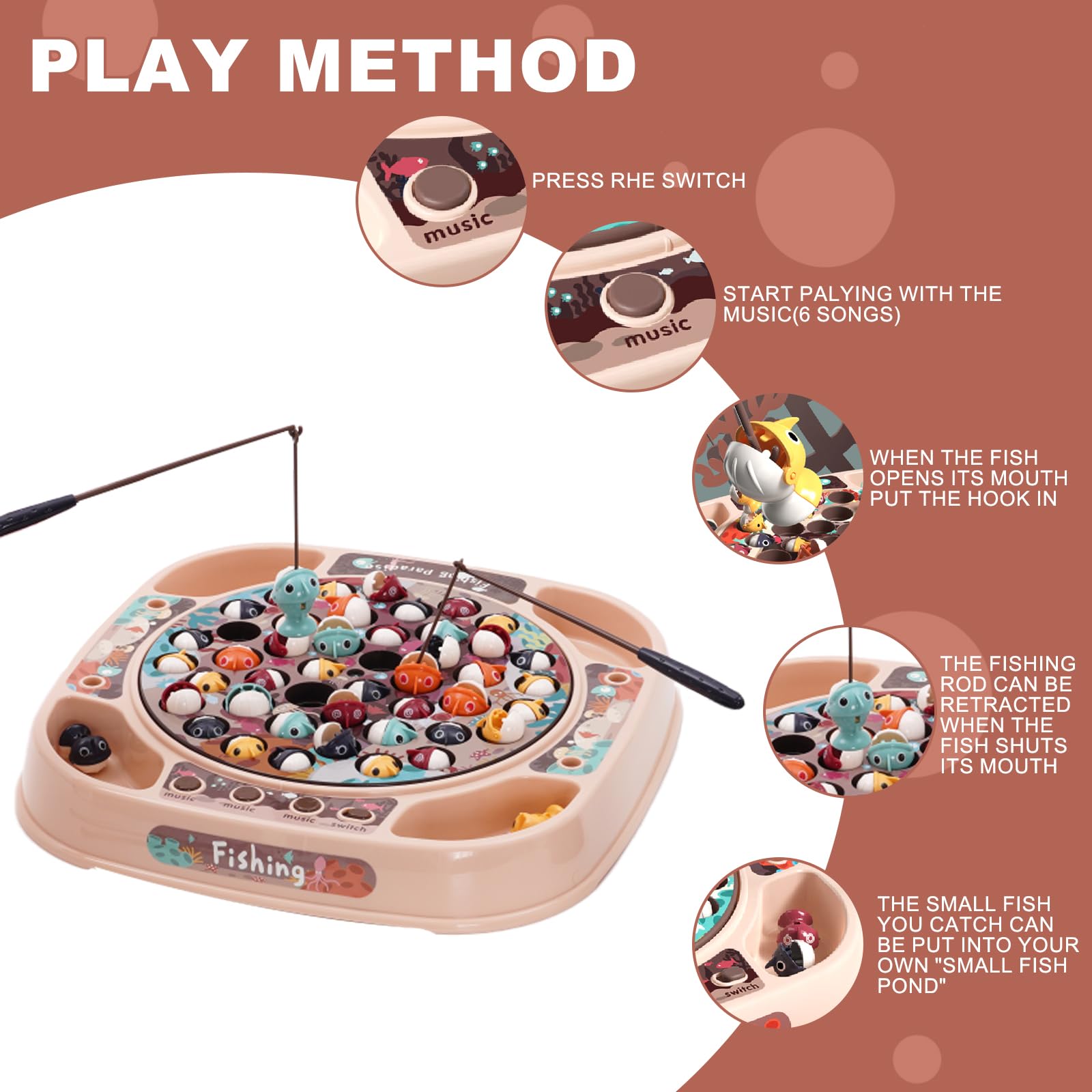Fishing Game Kids Fishing Toy with Music and 45 Fishes 4 Fishing Poles Rotating Board Games Fish Catching Game Bath Toys Learning Educational Gift for Kids Boys Girls 3+ Pink - Image 4