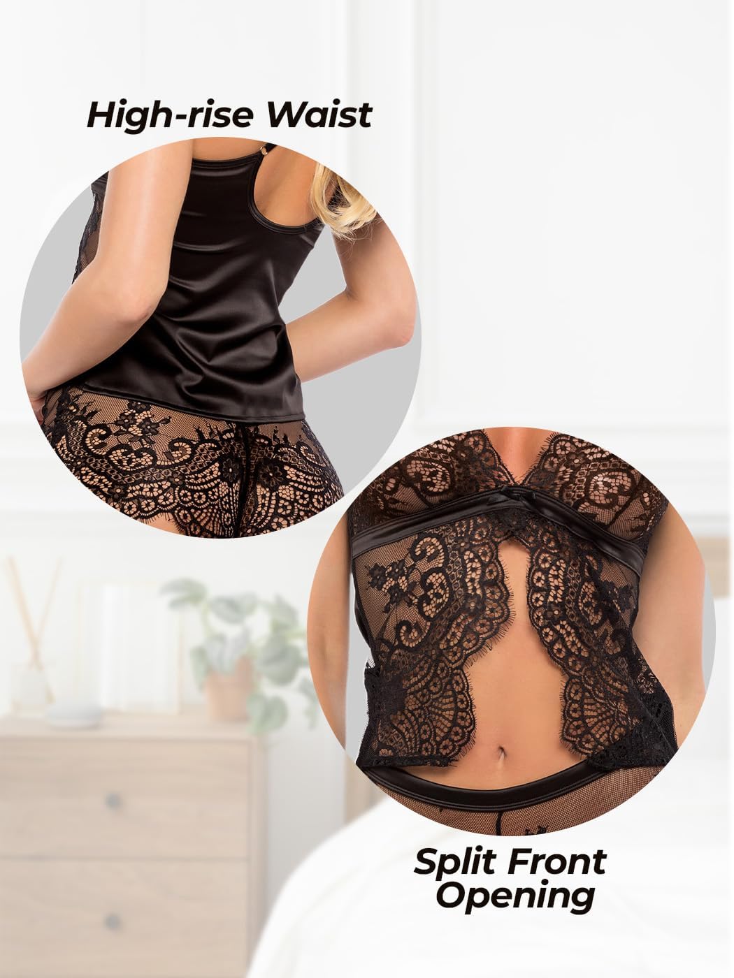 Roma Confidential Sexy Pajama Set for Women Dreamers Lust Cami and Shorts Lingerie Set in Satin & Lace Sleepwear PJs Black
