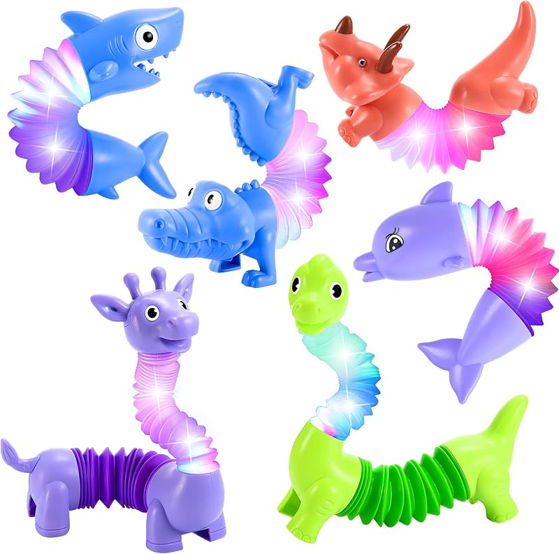 Delighkidz Animales Fidget Toys para niños pequeños: Paquete de 6 tubos LED de animales para niños de 3 4 5 6 7 8 años Niñas Niños Regalos de cumpleaños para niños pequeños Autismo Juguete sensorial para nietos de 3 a 8 años Tubo