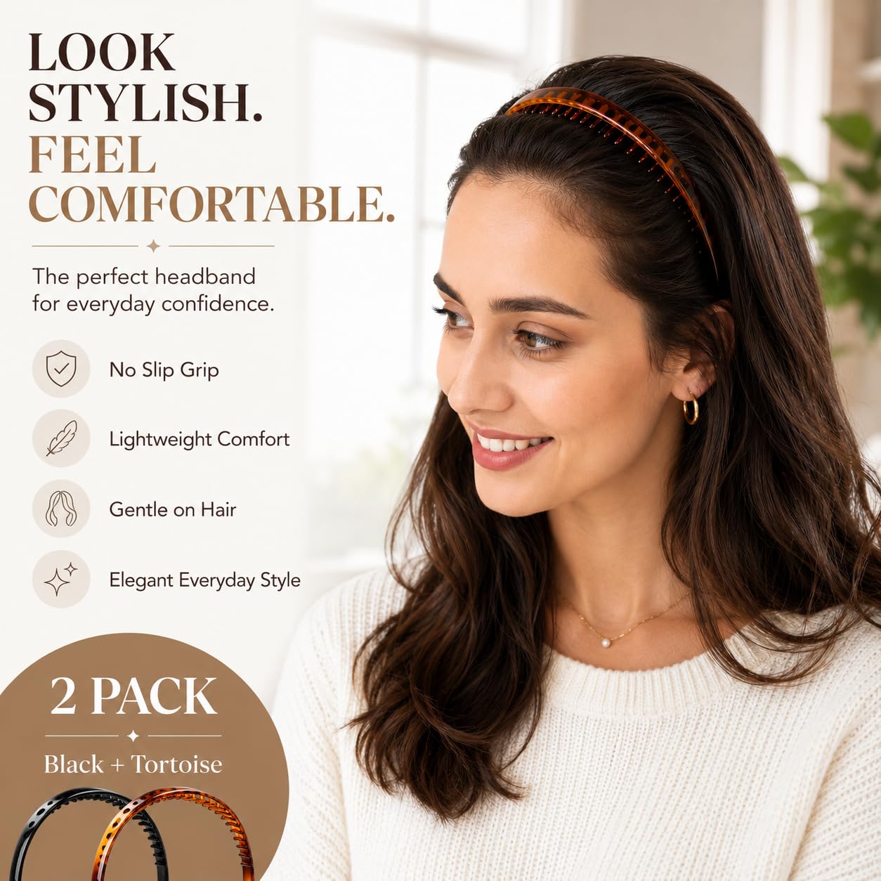BAKEFY- 2 Pcs Comb Plastic Headband for Women Girls, 2 Pack Teeth Hair Band, Hair Hoop Headband, Non Slip Hair Accessories, Fashion Hair Band for Daily Wear (Black & Brown) 4