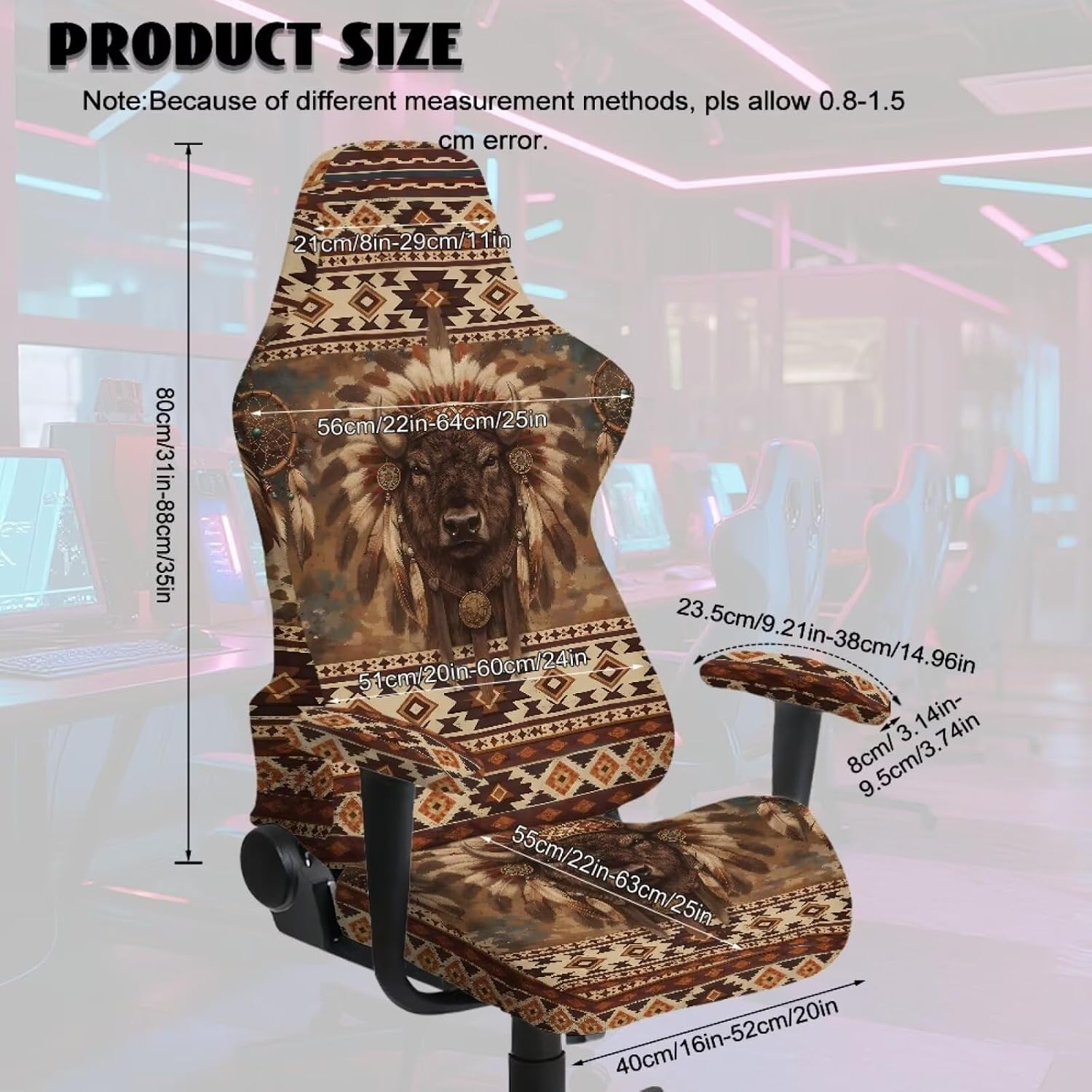 Aztec Tribal Highland Cow Print Stretchable Gaming Chair Covers with Armrest Covers Non-Slip Computer Armchair Slipcover Washable Desk Chair Decor Slipcover