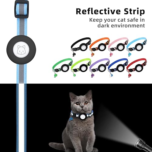 Miniatura 5 de Airtag Collar para gato, collar de gato con campana y hebilla de seguridad en 38 pulgadas de ancho, collar reflectante con soporte impermeable para