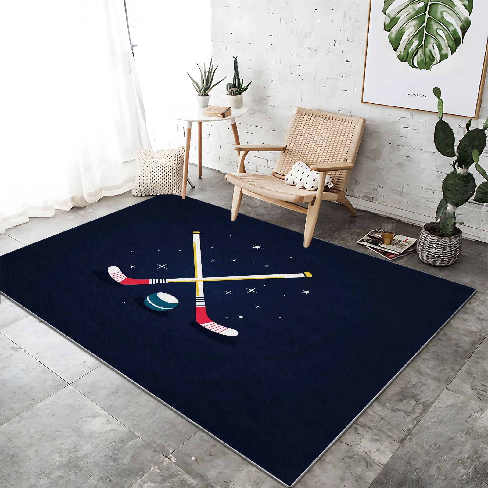 Tapis de salon lavable 120x170 rouge bleu motif hockey design sport