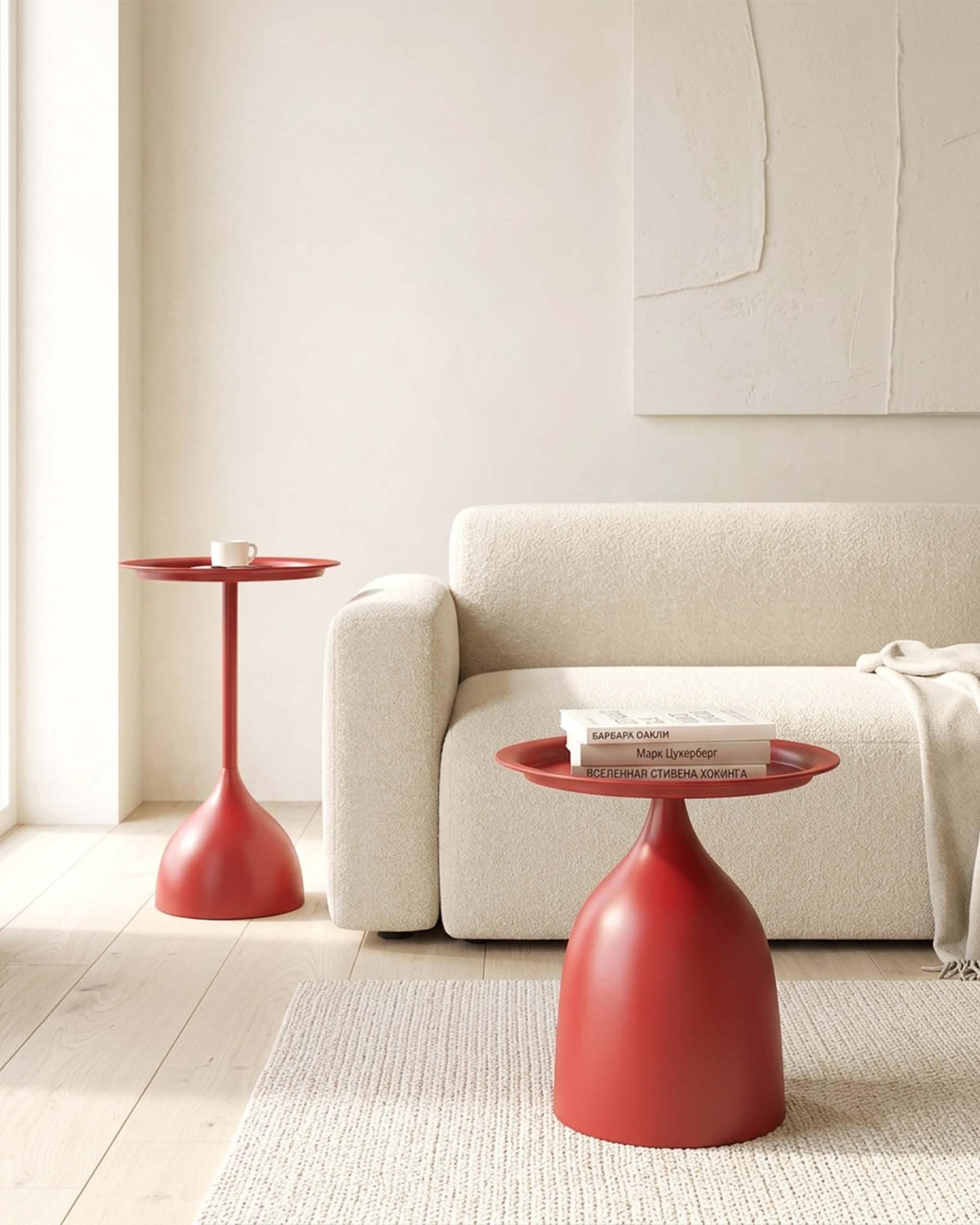 Juego de 2 Mesas Auxiliares de Salón en Metal Rojo, Mesita Redonda para Sofá o Sillón, Mesa de Centro de Diseño Moderno, Versátil para Interior y Exterior, Altura 42/60cm