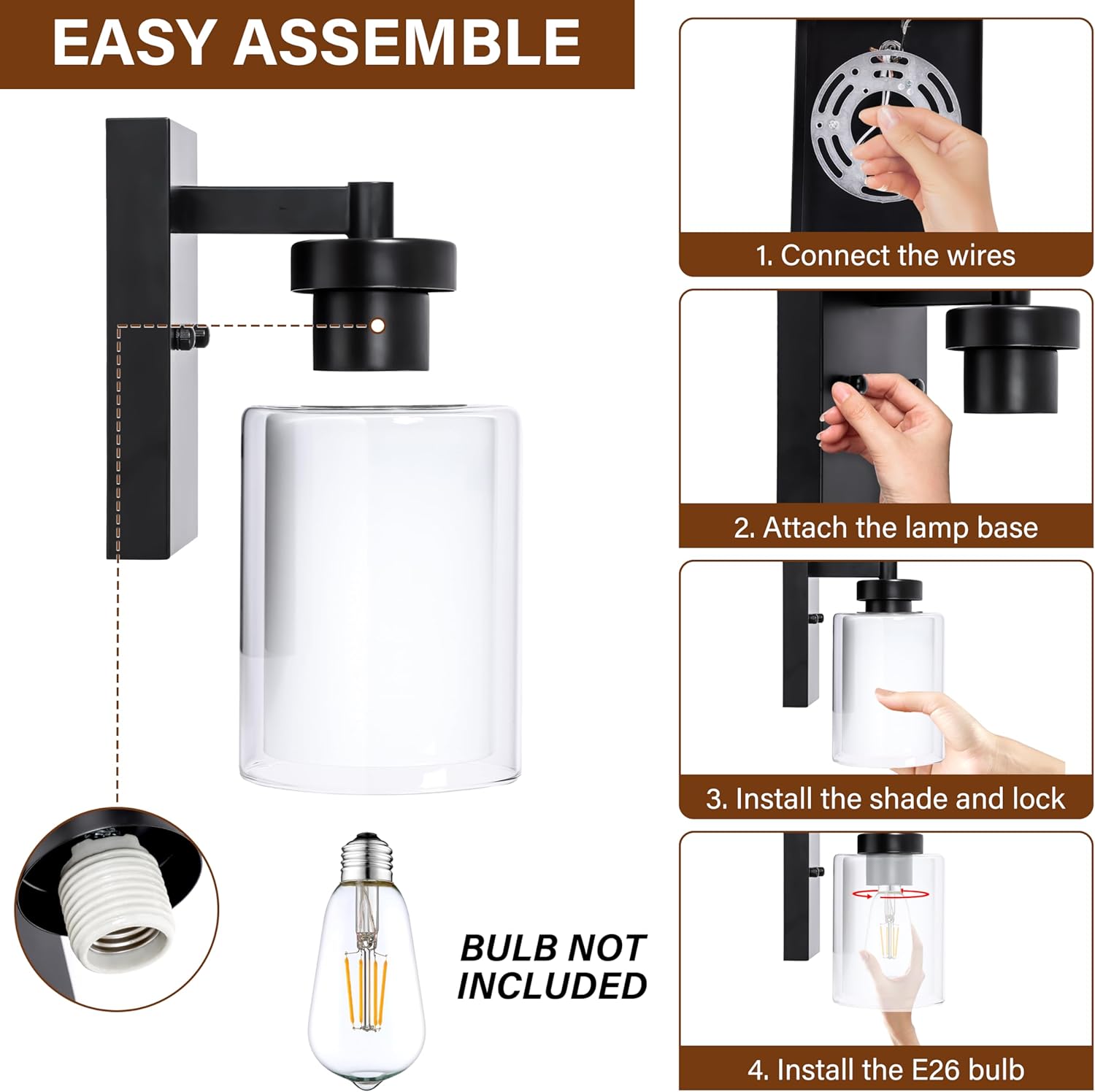 Pia Ricco Wall Sconces Set of Two, Hardwired Bathroom Wall Sconce with Double Glass Shade, Modern Bedside Wall Lamps, Farmhouse Vanity Light Black Wall Lights for Living Room, Bedroom, Hallway