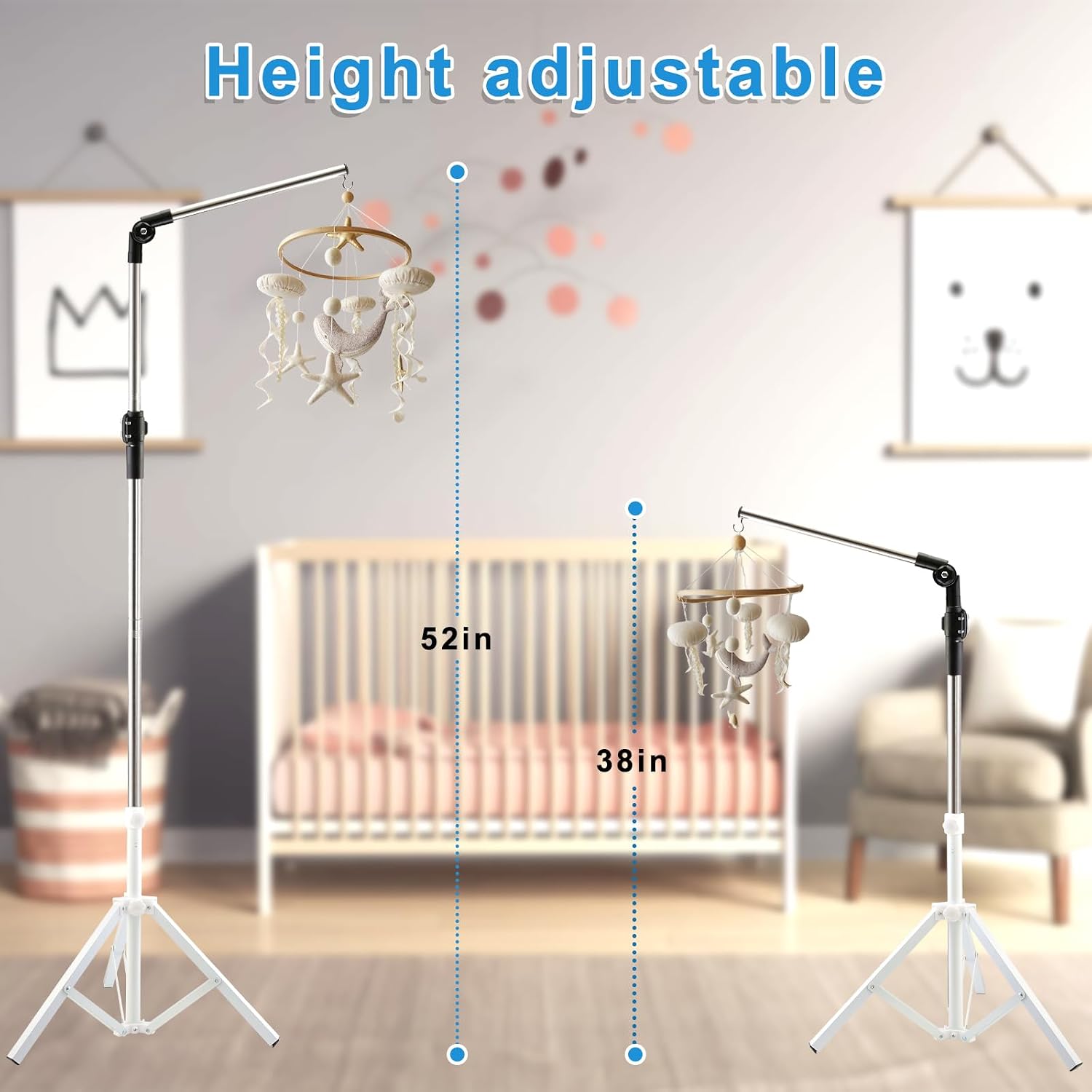 Baby Crib Mobile Arm,Mobile Hanger for Crib 56-78" Adjustable Height Top Can Rotate 180° Suitable for Baby Girls Boys Stainless Steel Material Sturdy and Stable Base