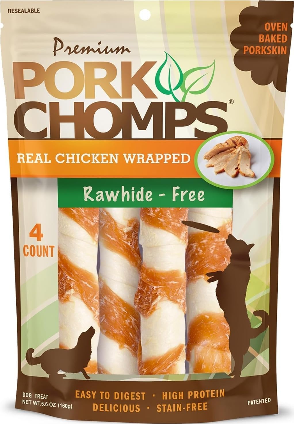 Pork Chomps Baked Pork Skin Dog Chews, 6 in Twists, Chicken, 4 Count