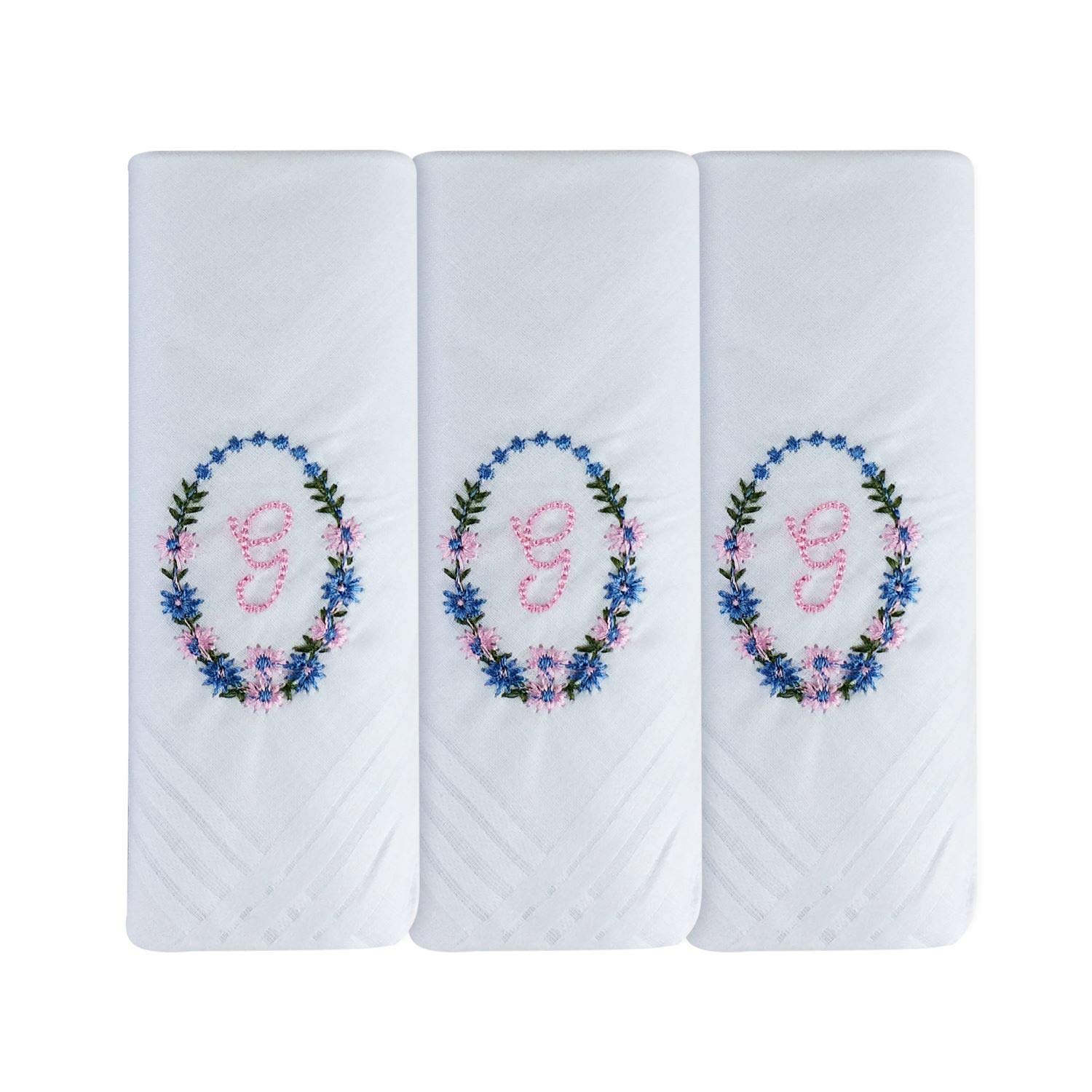 Surf the Shop 3 Pack Of Womens/Ladies Embroidered Initial Handkerchiefs With White Satin Border Various Initials (G)