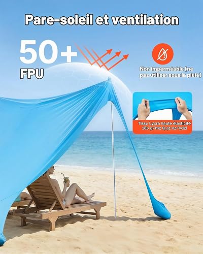 VEVOR Tente de Plage de 3,4x3,4x2 m, Abri Soleil UPF50+, Pare-Soleil Extérieur pour Plage Parc Camping et Pêche, Auvent Protection UV avec Sacs de Sable, Poteaux de Soutien et Pelles à Sable, Bleu - 3