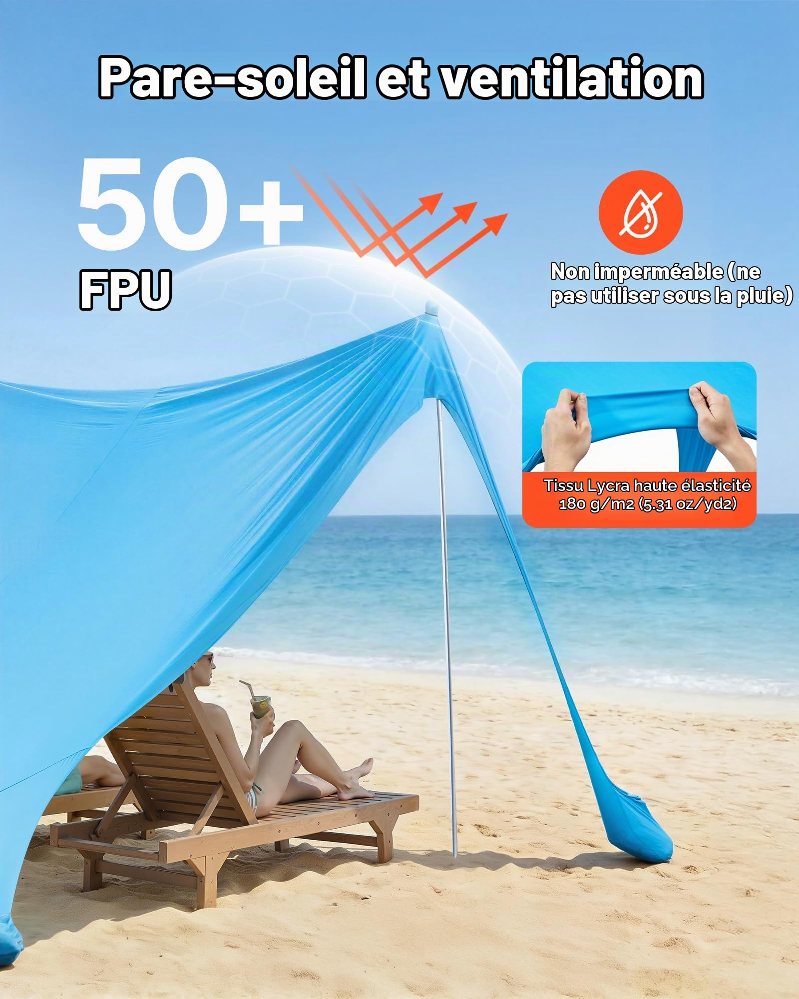 VEVOR Tente de Plage de 3,4x3,4x2 m, Abri Soleil UPF50+, Pare-Soleil Extérieur pour Plage Parc Camping et Pêche, Auvent Protection UV avec Sacs de Sable, Poteaux de Soutien et Pelles à Sable, Bleu