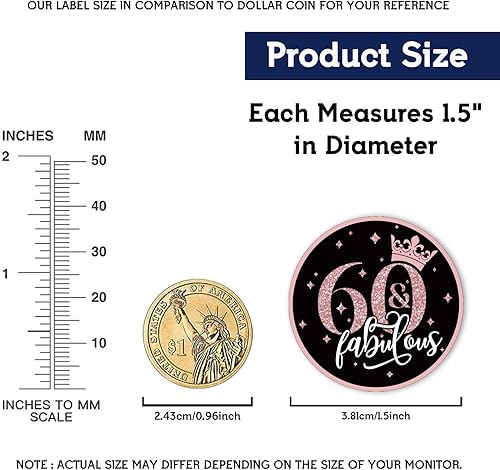 Miniatura 2 de REWIDPARTY Calcomanías redondas de 1.5 pulgadas para cumpleaños 60 (80 piezas) – Oro rosa y fabulosas calcomanías de recuerdo de fiesta para