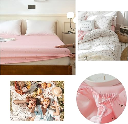 Miniatura 6 de mixinni Sábana bajera ajustable floral rosa tamaño individual, ropa de cama 100% algodón con bolsillo profundo, sábana con estampado floral