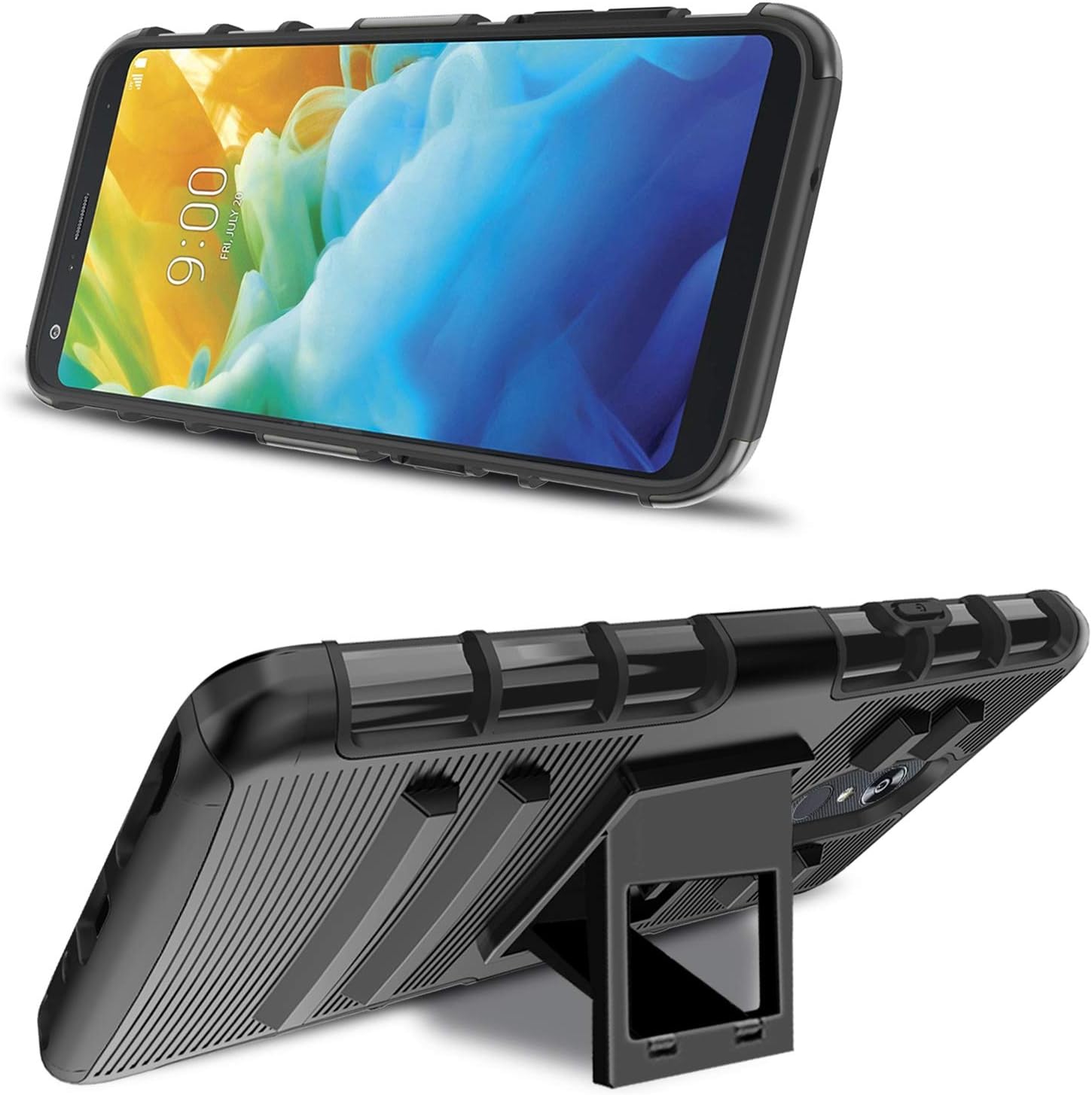 Compatible with Stylo 4 Case, Stylo 4 Plus Case W[Tempered Glass Screen Protector] Built-in Kickstand Shockproof PC Back & Soft TPU Inner Armor Heavy Duty Protective Case,Black