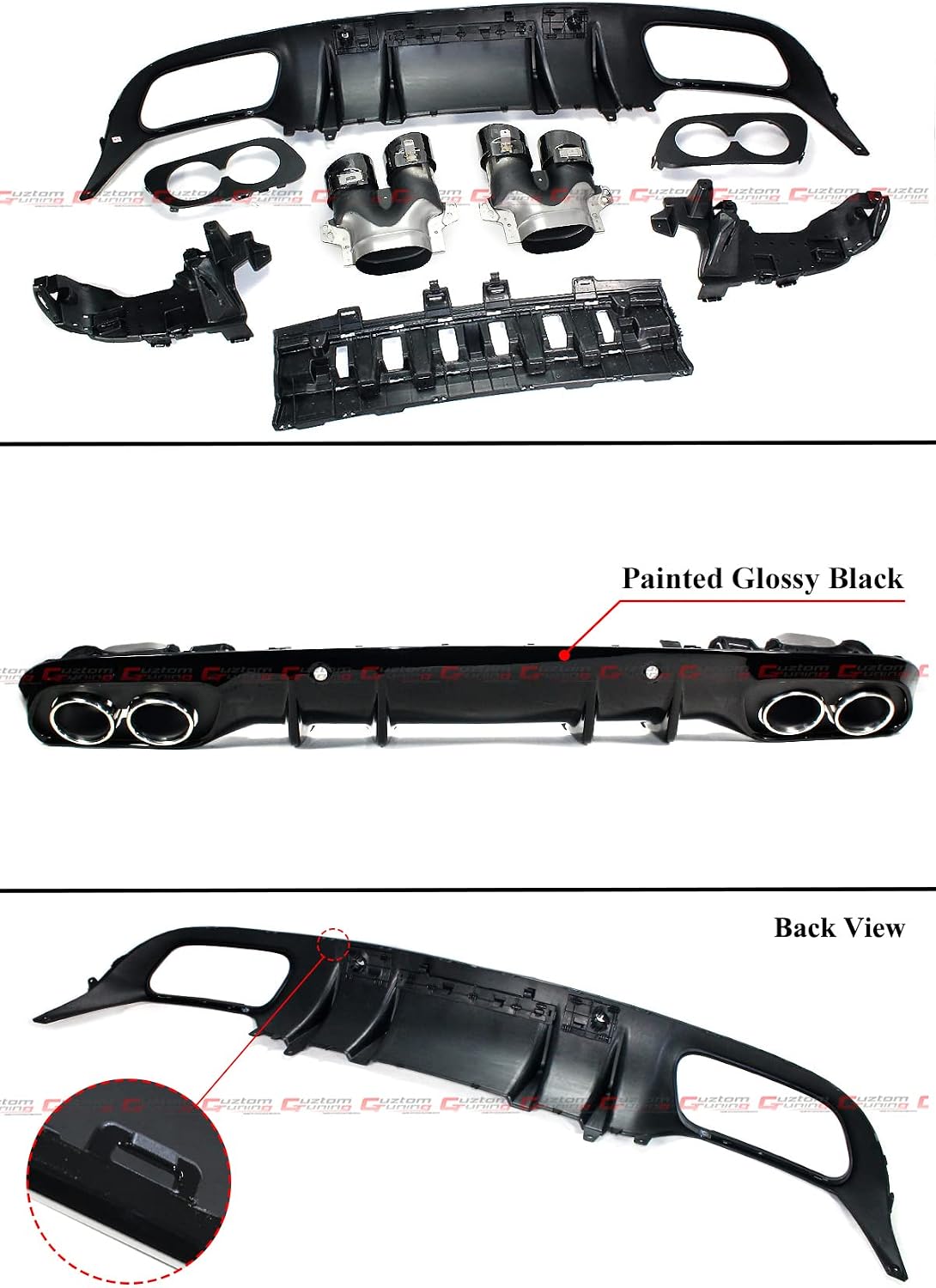 C43 Style Black Shark Fin Rear Bumper Diffuser + Black Chrome Round Exhaust Tips Compatible for 2015-2021 Mercedes Benz W205 2 Door Coupe