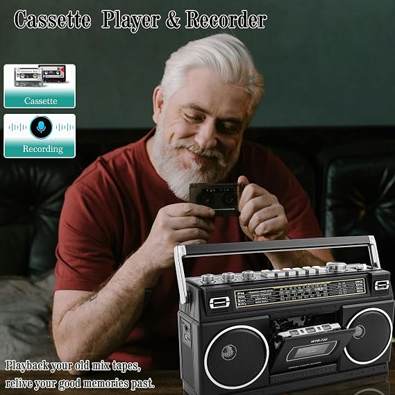 Vintage Classic 80s Style Portable Stereo Boombox with Cassette Player Recorder, Bluetooth, AM/FM/SW Radio, 24W Dual Full-Range High Bass Speakers, USB/SD Card Slots