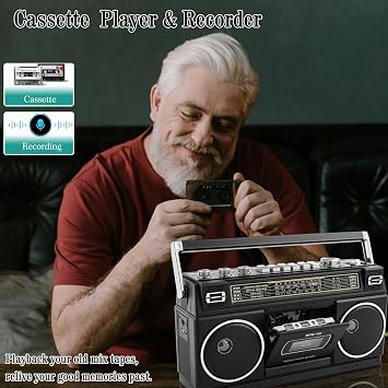 Vintage Classic 80s Style Portable Stereo Boombox with Cassette Player Recorder, Bluetooth, AM/FM/SW Radio, 24W Dual Full-Range High Bass Speakers, USB/SD Card Slots