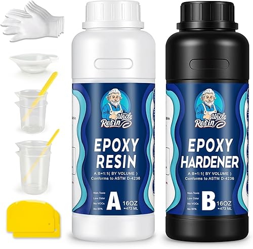 UncleResin Kit de resina epoxi de 32 onzas, relación 11, autonivelante, resina transparente con acabado antiamarilleamiento y sin burbujas para