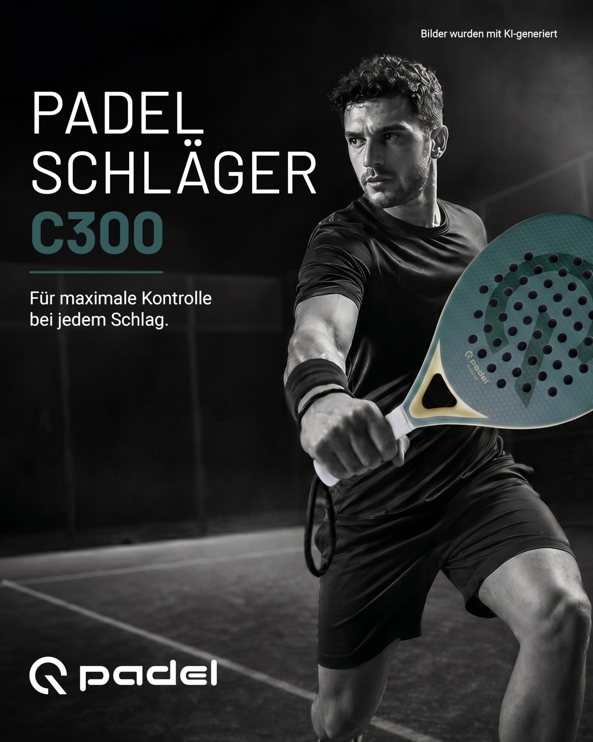 Q Padel C300 Padel Schläger 360g – 3K Carbon Racket für hohe Kontrolle, leichtes Design für Herren & Damen, inklusive Eva Medium Kern