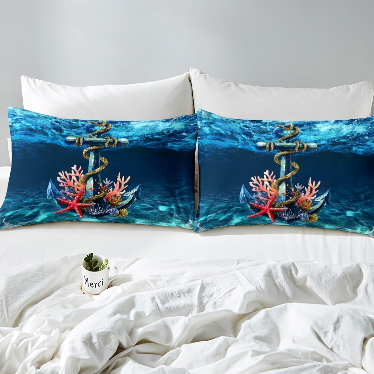 Nautical Anchor Bed Sheet Queen Size,Undersea Light Water Ripple Sheets,Ocean Creature Starfish Coral Bedding Sets (1 Fitted,1 Flat,2 Pillowcases) Luxury Deep Pocket Bed Sheets