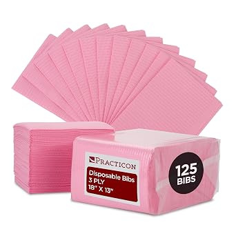 Practicon 125 Pack Pink Disposable Patient Bibs, 18" x 13", 3 Ply Waterproof Paper Bib Sheet with Poly Back, Dental, Medical, Tattoo, Nail Tray or Table Cover, 125 Pack | 18" x 13" Paper Bib Sheet with Poly Back for Dental, Medical, Tattoo, Nail Tray or Table Cover