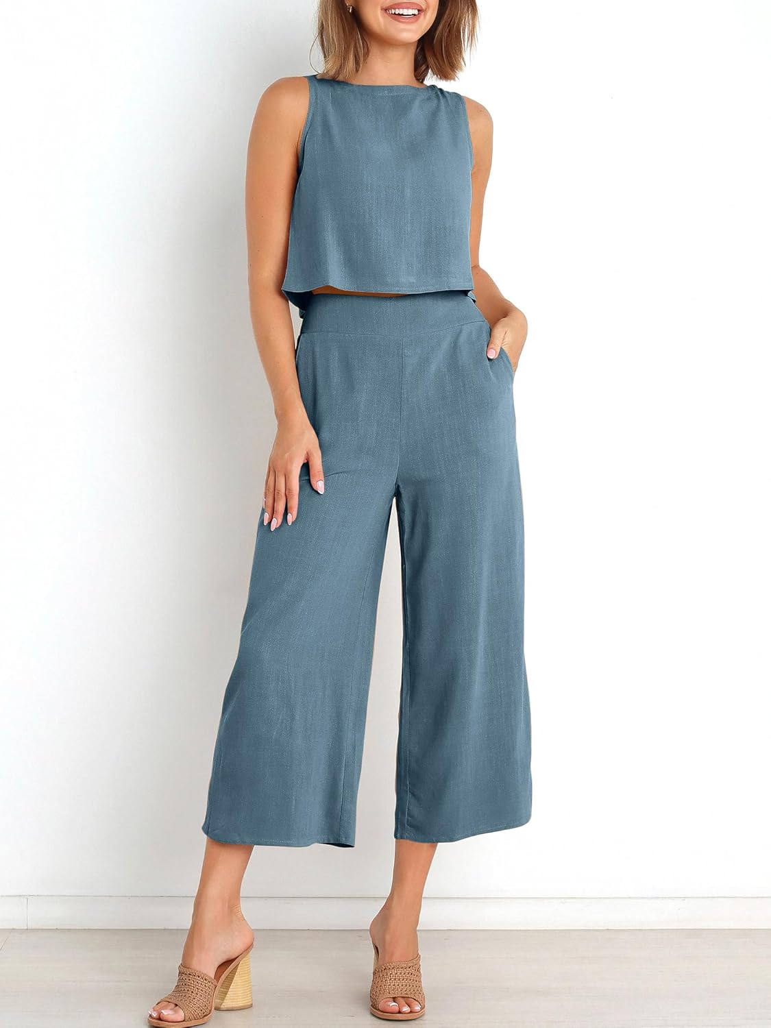 ANRABESS Women's Summer 2 Piece Outfits Sleeveless Crop Top Capri Wide Leg Pants Jumpsuit Linen Lounge Beach Travel Sets
