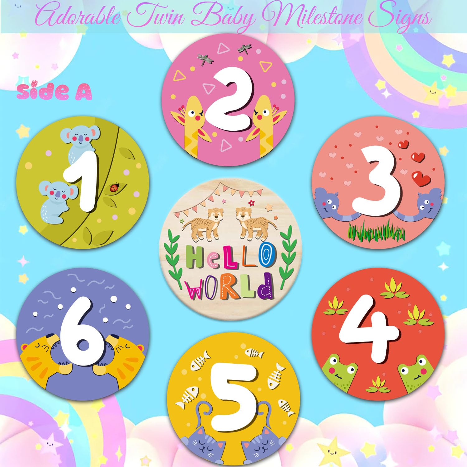 14 Designs Safari Twin Baby Monthly Milestone Cards Sign, 1-12 Months Wooden Photo Props for Twins, Gender-Neutral Twin Baby Shower Cards, Twins Memory Book Essentials (Twins Monthly Milestone)