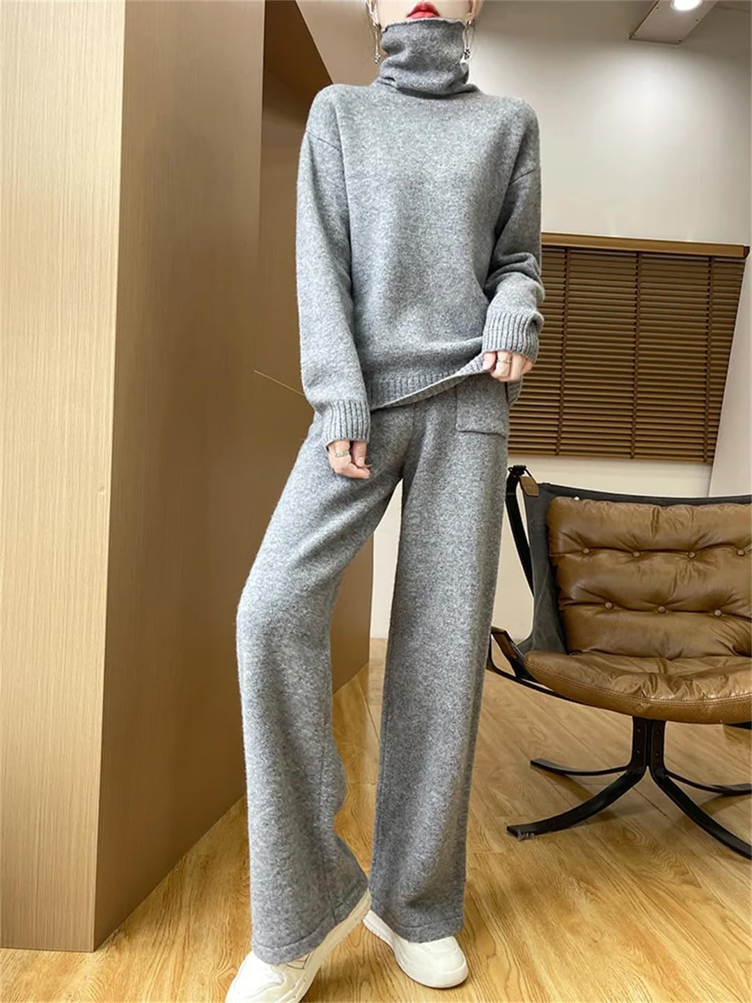 Women Wool Pullover Pantsuit Turtleneck Cashmere Sweater 100% Merino Wool Soft Knitwear Two Pieces Set - Image 8