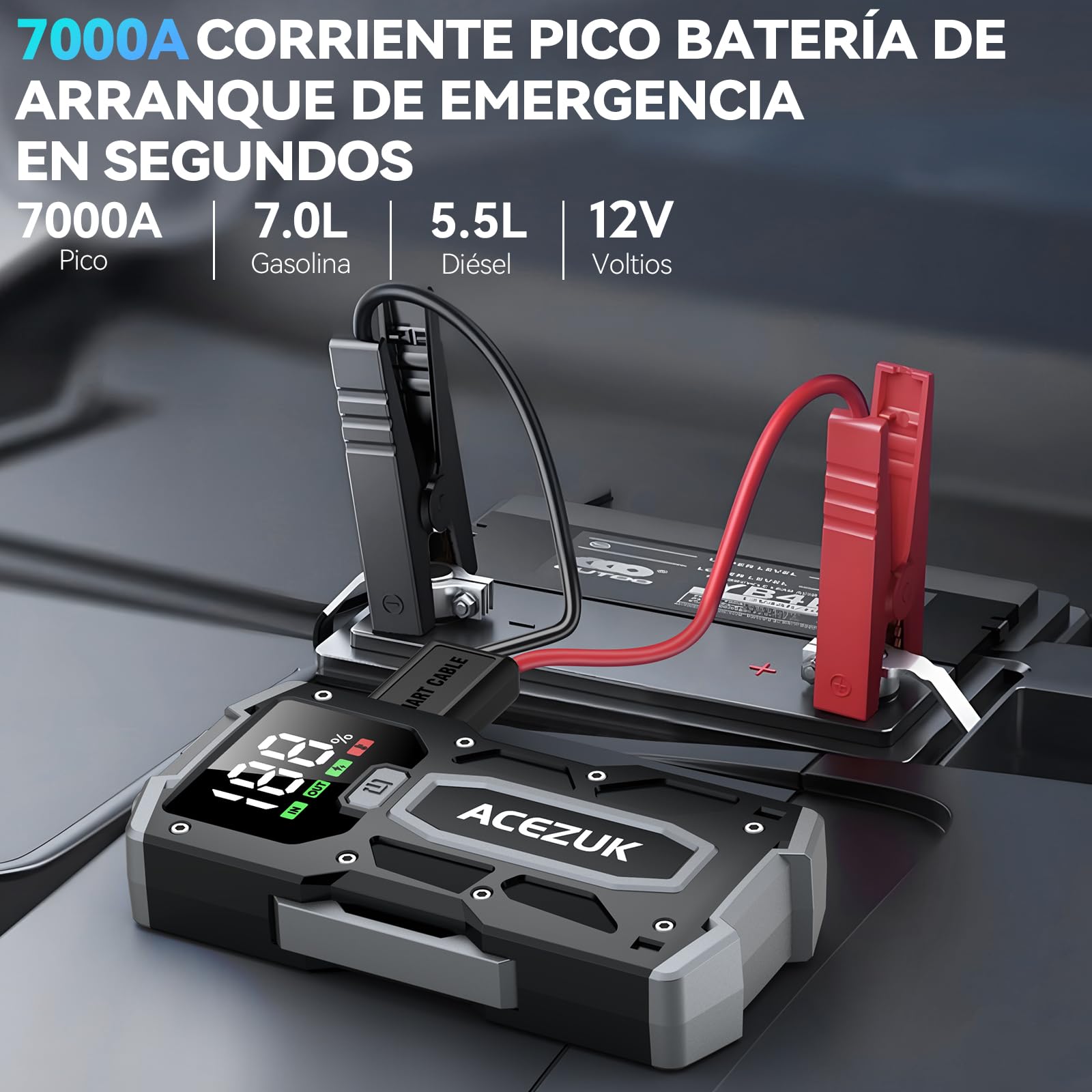 ACEZUK Arrancador de Coches 7000A, 12V Arrancador de Baterias de Coches (para 5.5L Disésel o 7.0L Gas), Jump Starter con 2.5 Inch Pantalla LCD, Clips de Seguridad Inteligentes, Luz LED