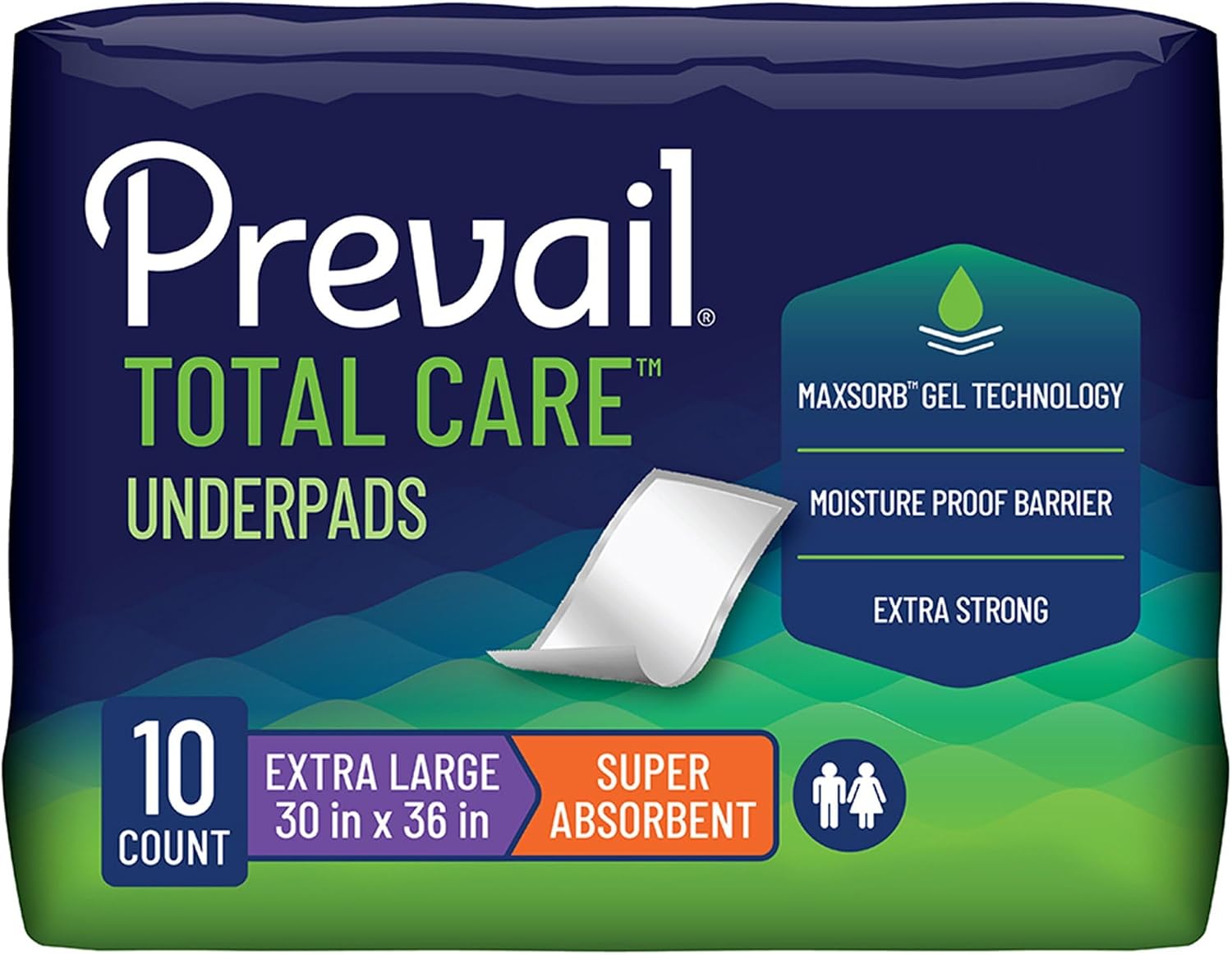Prevail Total Care Underpads, Incontinence, Disposable, Super Absorbent, 30 in x 36 in, 10 Count