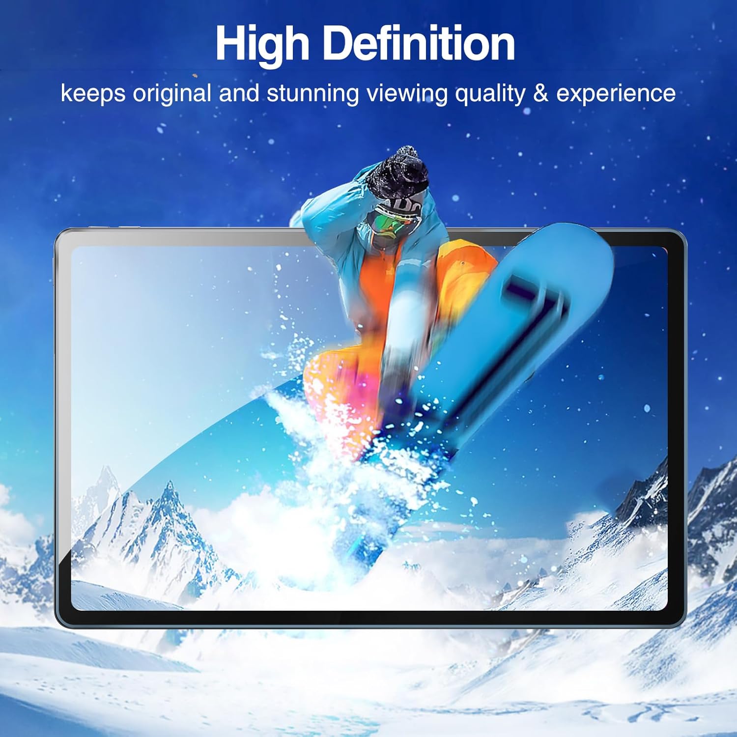 Tablet screen displaying a high-definition image of a snowboarder, illustrating high clarity