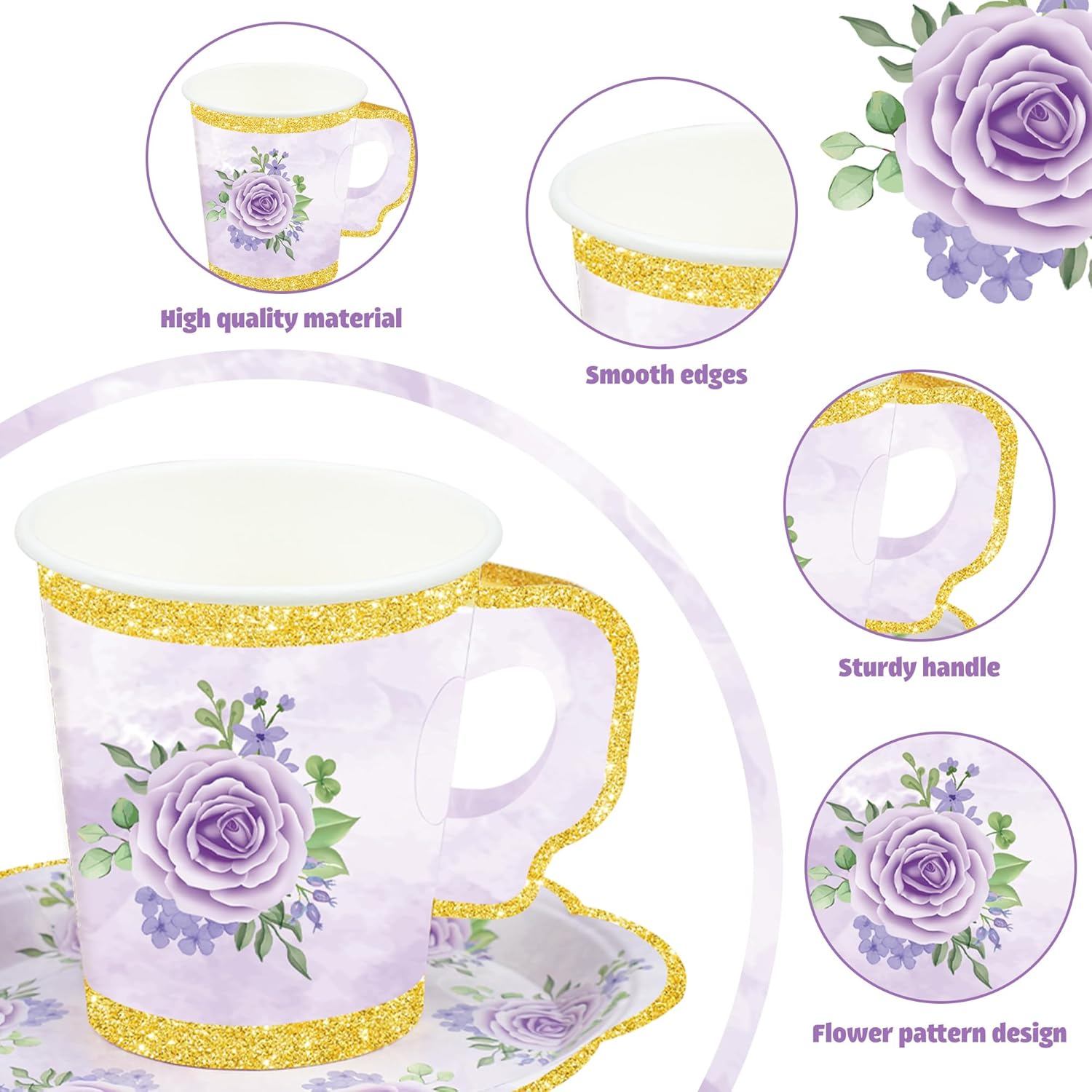 48 Sets Floral Paper Tea Cups and Saucers Disposable Tea Party Supplies Colorful Flower Teacups with Handle and Plates for Hot Cold Drink Wedding Birthday Party Baby Shower