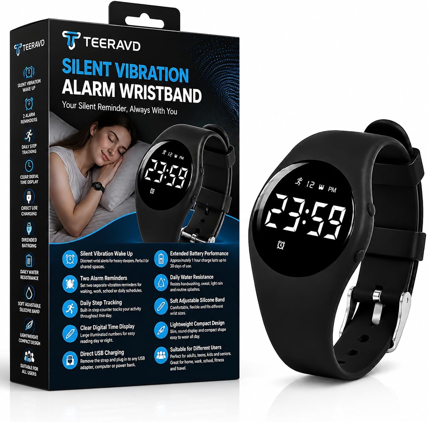 Alarm Clock for Heavy Sleepers Vibrating Wristband Silent Wake Up Watch with Fitness Tracker Step Counter Sleep Tracking Stopwatch Water Resistant Rechargeable Bracelet Adults Teens Kids