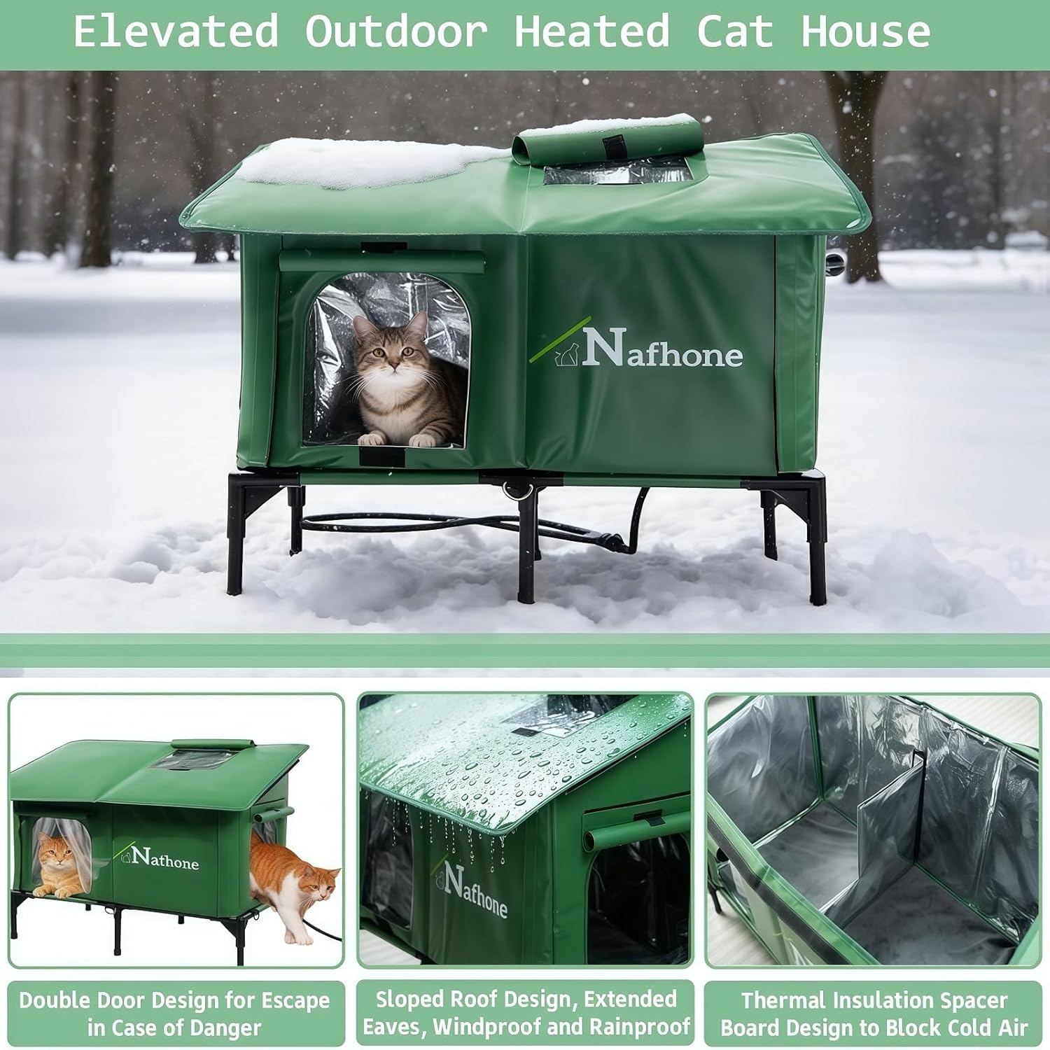 Heated Cat House for Outside Winter, Extra Large Size Insulated Weatherproof Outdoor Elevated Cat House, Cat Shelter with Heating Pad & Escape Door for Feral Stray Barn Cats Kitty (36.4"x17.3"x23.6")