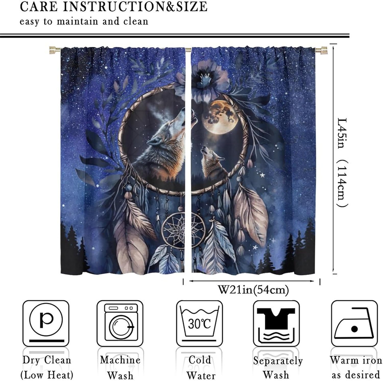 Watercolor Forest Wildlife Wolf Blackout Curtains for Living Room,Abstract Vintage Dreamcatcher Native American Room Darkening Window Curtains with Rod Pocket - 2 Panels 45" L x 21" W