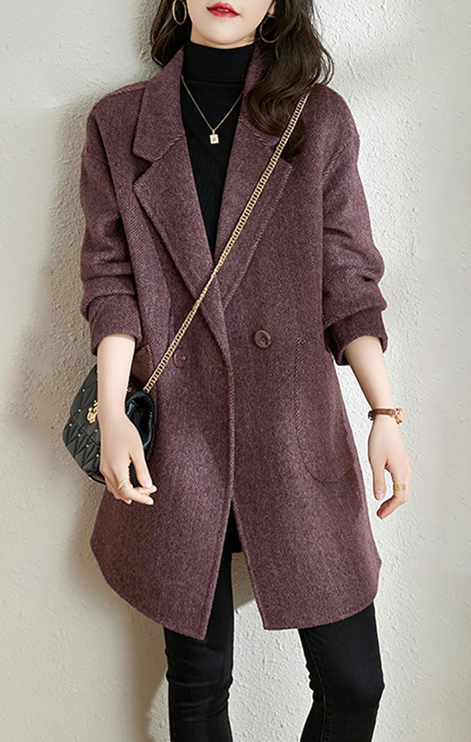 chouyatou Women's Notch Lapel Herringbone Wool Coat Formal Office Work Double Breasted Winter Pea Coat - Image 5