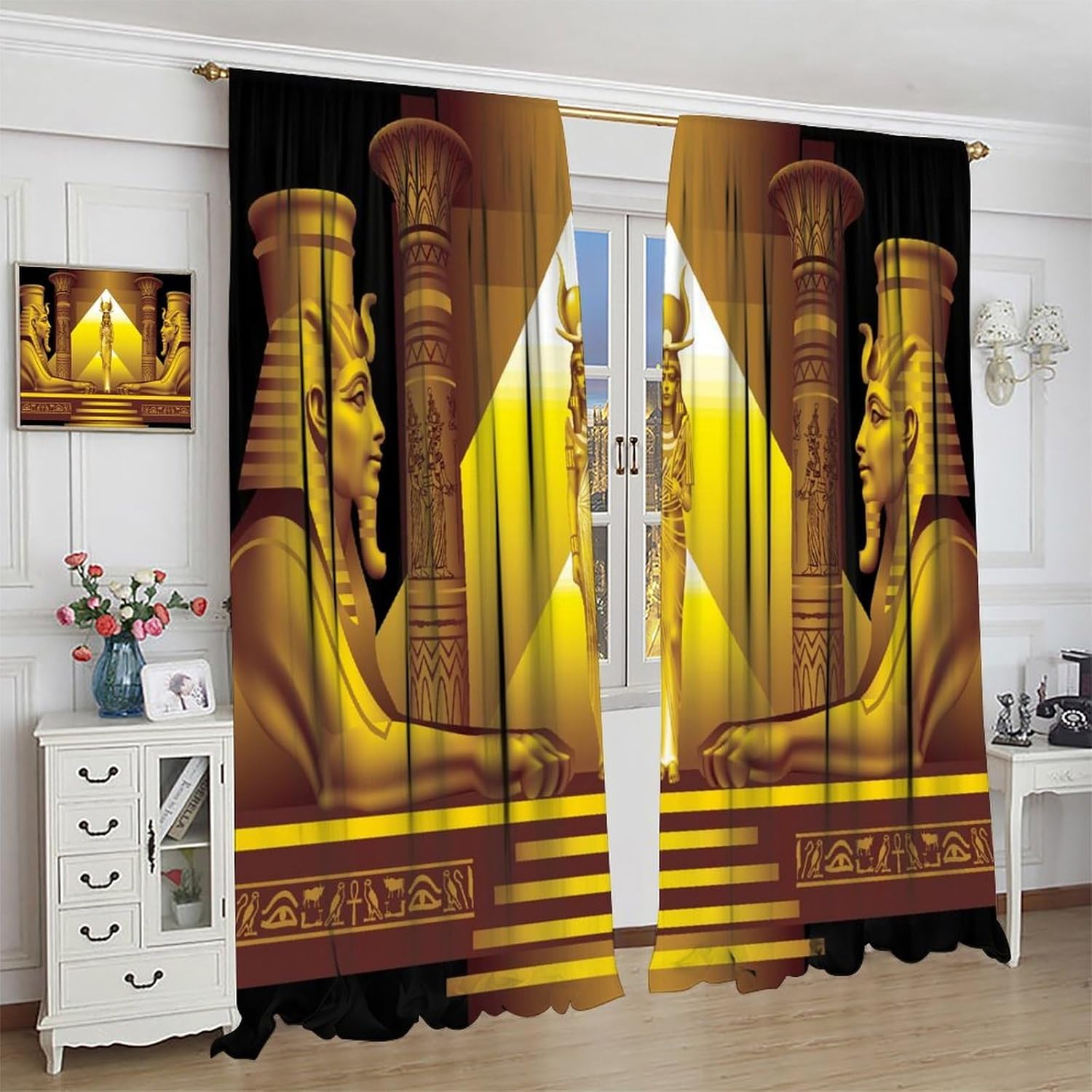 Ancient Egyptian Blackout Curtains Golden Egyptian Lion Architecture Old History Mural Window Treatment for Living Room Bedroom Rod Pocket Blackout Home Decor Window Drapes 42" W X 45" L