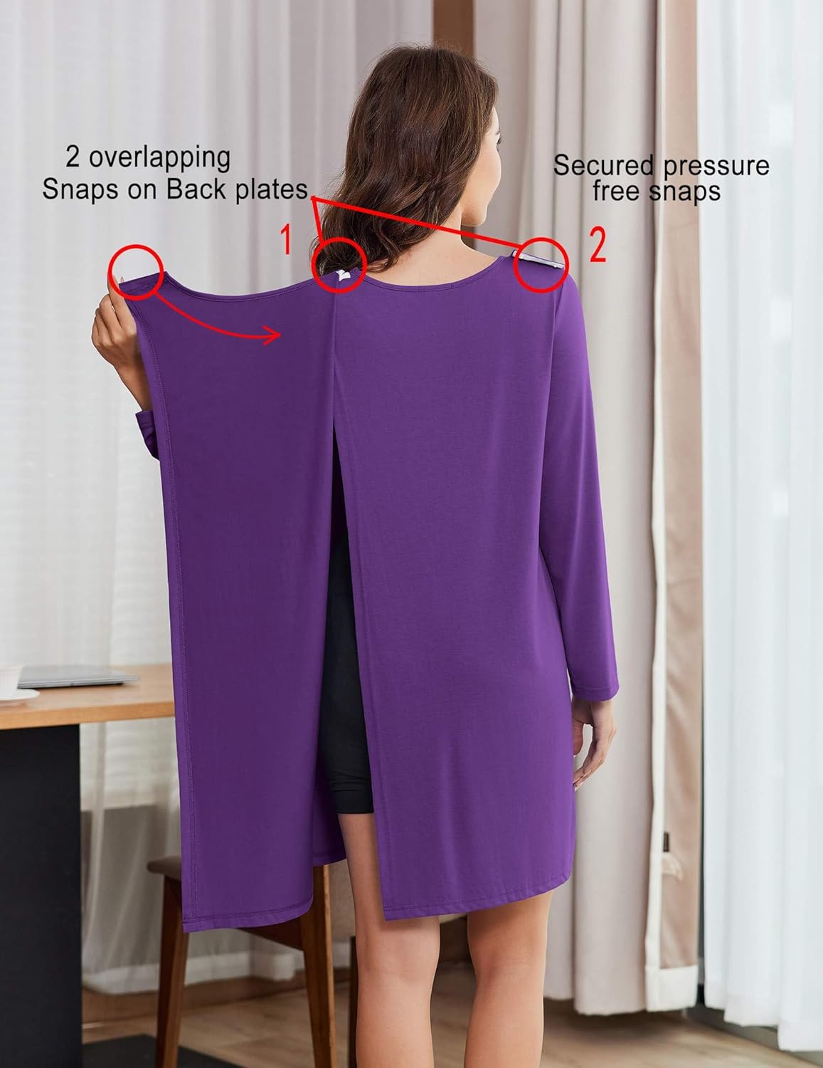 Deyeek Hospital Gowns for Women Open Back Tear Away Post Surgery Dress Long Sleeve with Shoulder Snaps Adaptive Nightgowns - Image 5