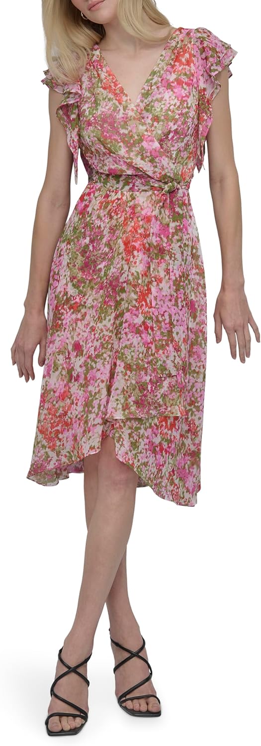 DKNY Women's Short Flutter Sleeve Surplice Neck Removable Belt Faux Wrap Dress - Image 2