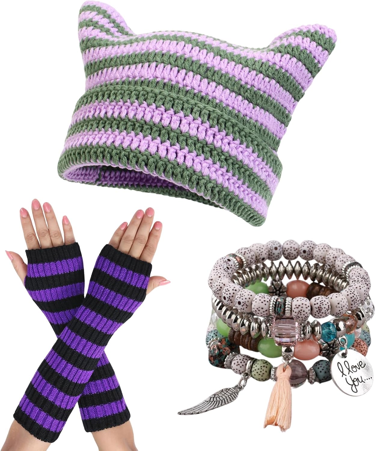 yolrdiw Therian Stuff Emo Grunge Fingerless Gloves Cute Cat Ears Hat Fairycore Stackable Bracelets