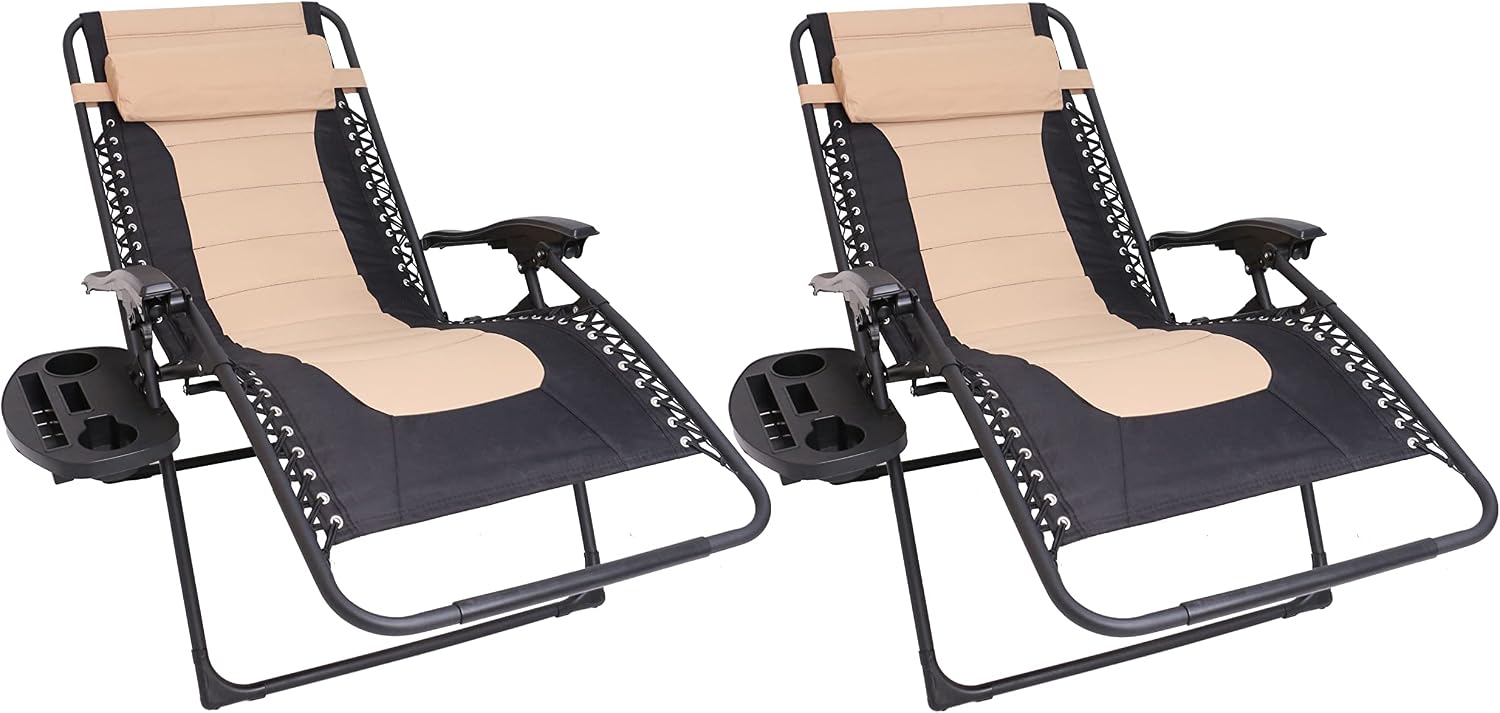 BTEXPERT Set of 2, Oversized Padded Zero Gravity Chair Folding Recliner Chaise Lounge Outdoor Garden Utility XL Anti-Gravity Lounger, Side Tray Cup Holder, Headrest Pillow (2 Tan Black) (5196-2)