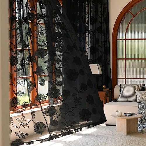 Treatmentex Black Sheer Lace Curtains for Bedroom Living Room Studio 84inch Long Vintage Rose Floral Embroidered Semi Sheer Curtain Panels Privacy Leaf Sheer Drapes with Scalloped Edge 54" w 2pcs 7ft - 54"W x 84"L (Pack of 2) - Floral - Black