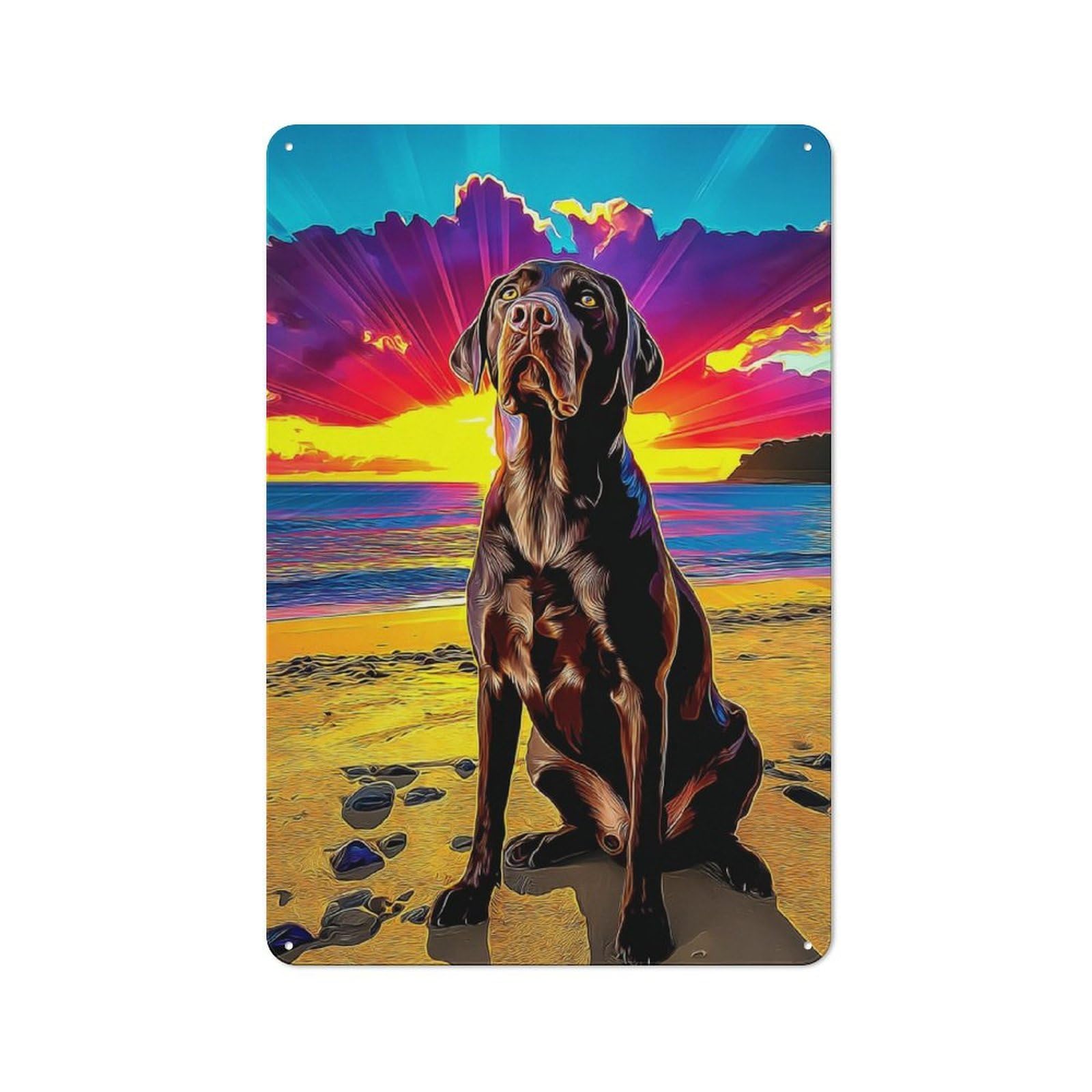 Vintage Tin Sign 30x20cm Featuring Beach Sunset with Dog for Café Or Home Bar, A Metal Wall Feature for Cafés And Home Bars