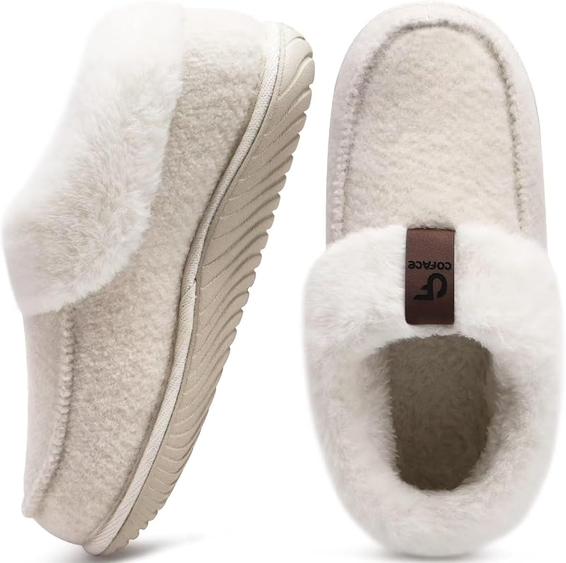 COFACE Womens Memory Foam House Slippers Arch Support Indoor Outdoor Shoes | Women's Moccasin Winter Ladies Warm Fuzzy Faux Fur Collar With Rubber Sole