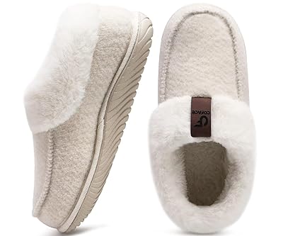 COFACE Women's Memory Foam House Slippers Arch Support Moccasin Winter Shoes Ladies Warm Fuzzy Faux Fur Collar With Indoor Outdoor Rubber Sole