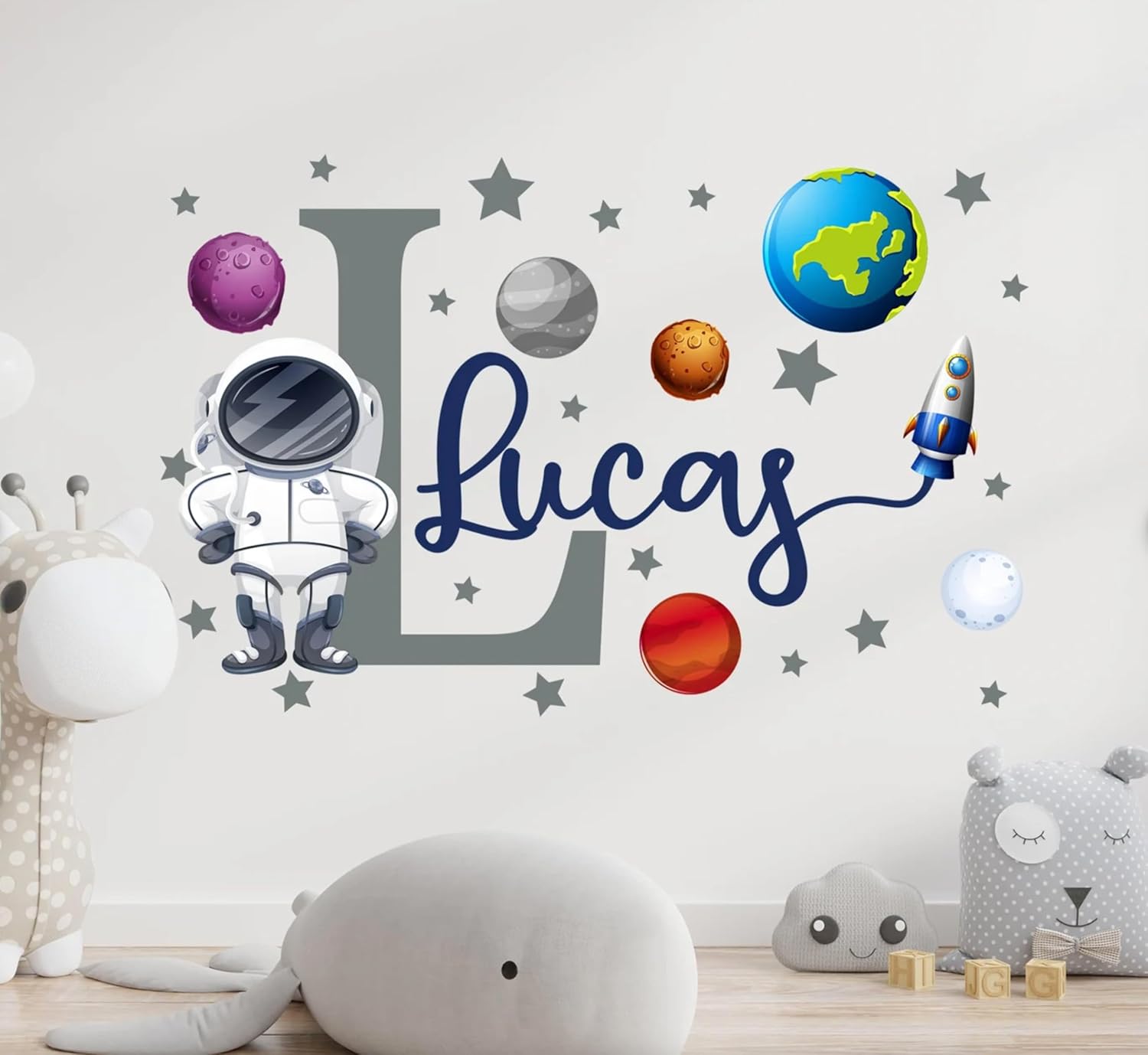 Personalized Astronaut Wall Decal - Custom Space Theme Vinyl Sticker for Kids Room - Solar System Planets Wall Art for Nursery - Boys Room Decor - Outer Space Bedroom Decoration Mural Sticker