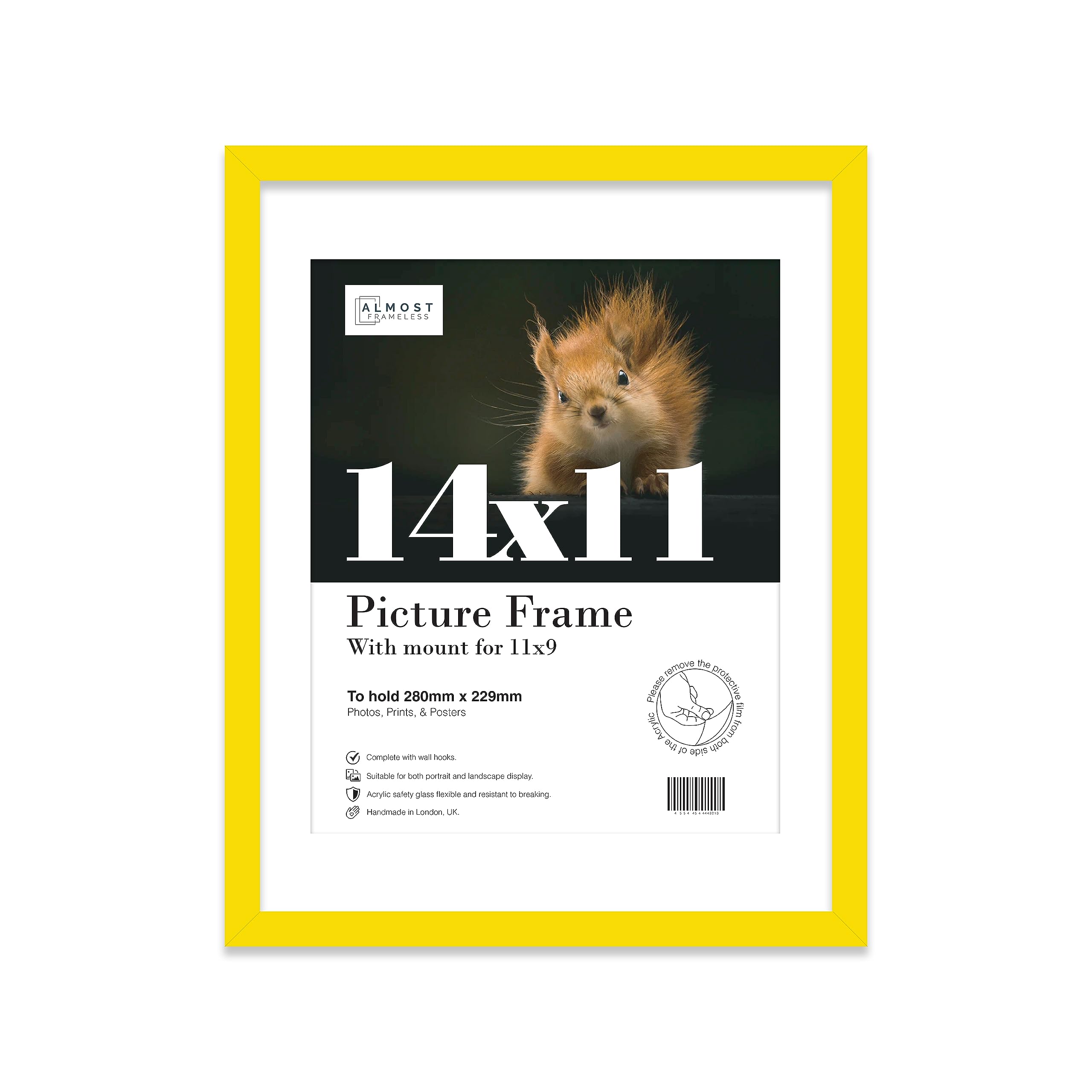 Almost Frameless 14x11 Yellow Picture Frame With Mount for 11x9 Print, Poster or Photo Poster, Photo, Artwork, or Print. Thin Edge Slim Frame Portrait and Landscape Display with Wall Hooks