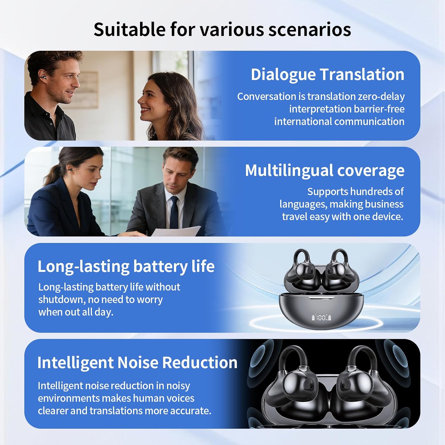 Ai Translation Earbuds Real Time, Wireless Earbuds Translator Earbuds with LED Power Display/164 Languages, No Subscription Headphones, 40H Audifonos Traductores Inglés Español