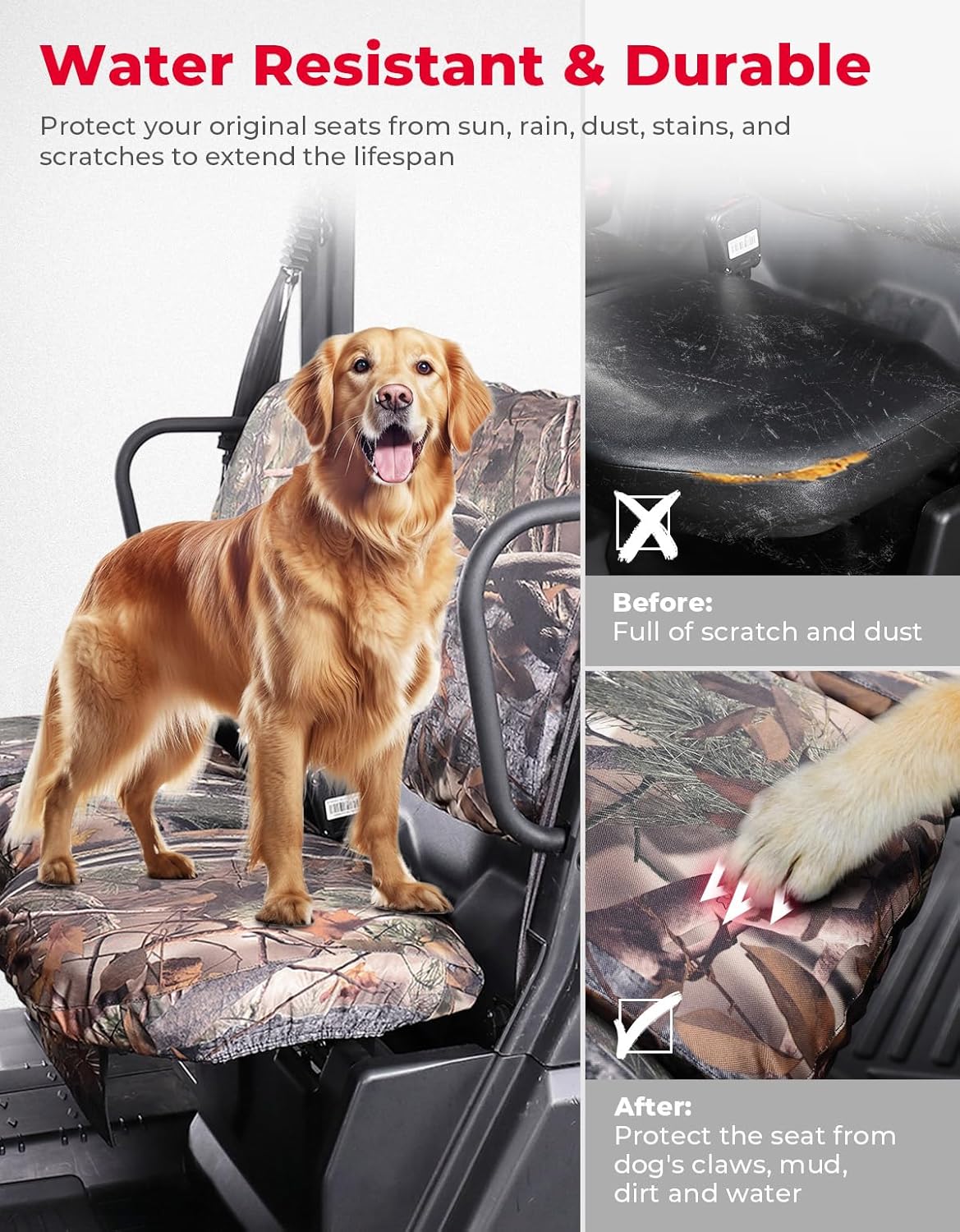 KEMIMOTO UTV Seat Covers Camo, Waterproof Repellent Compatible with Can Am Defender Max Front Two Doors Split Bench Seat Covers- Camo